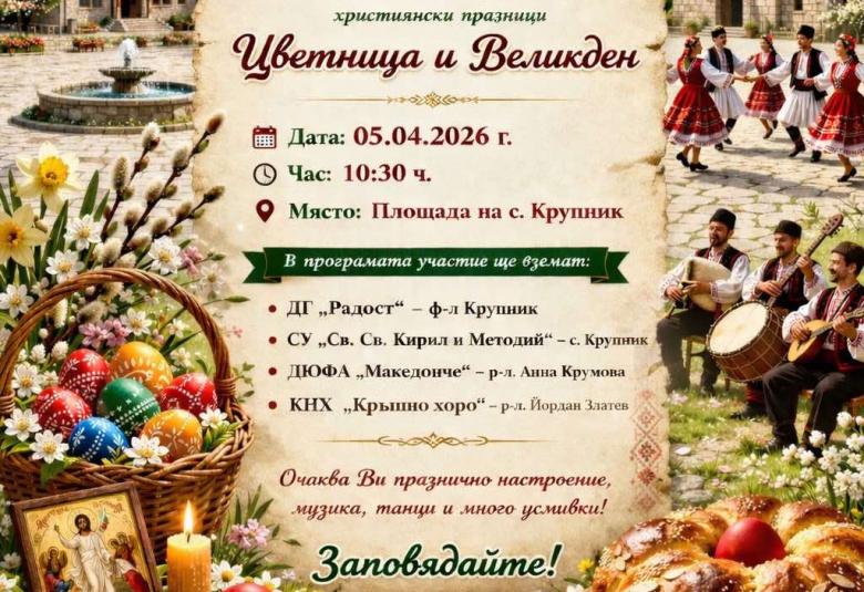 Община Симитли (121), Симитли Инфо (3418), Цветница (331), Великден (276), празничен концерт (410), село Крупник (143), НЧ „Владимир Маяковски – 1937 г.“, кметство Крупник (1486)